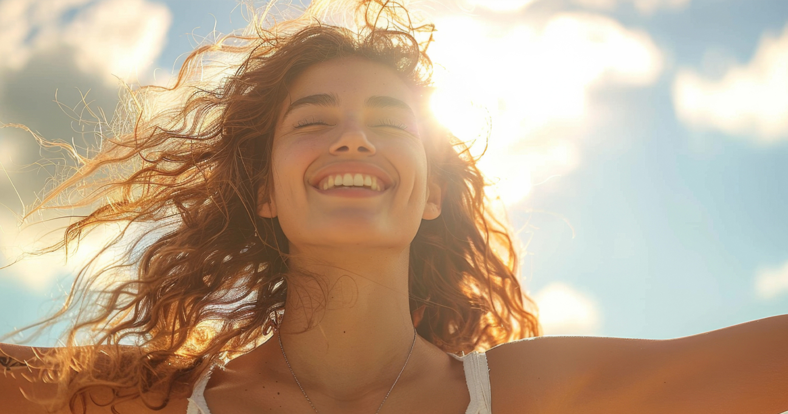 Joyful young woman with curly hair smiling with arms outstretched under a bright sky, backlit by the sun.